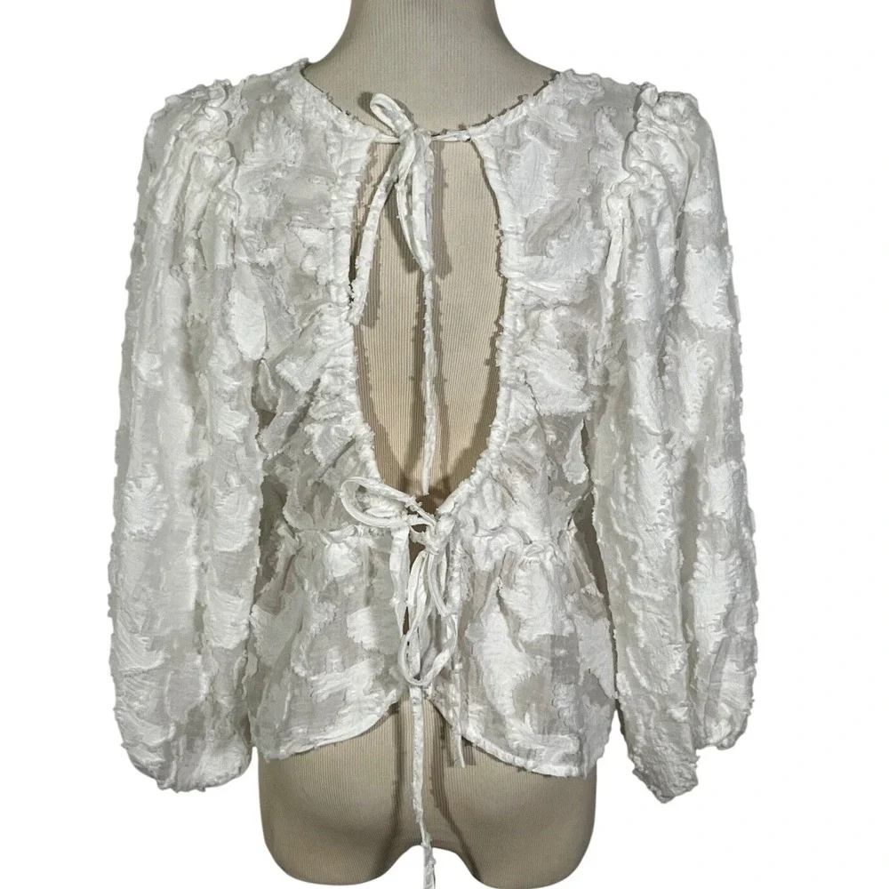 Free People Peplum Blouse Womens M White Textured Puff Sleeve Tie Back Open Back